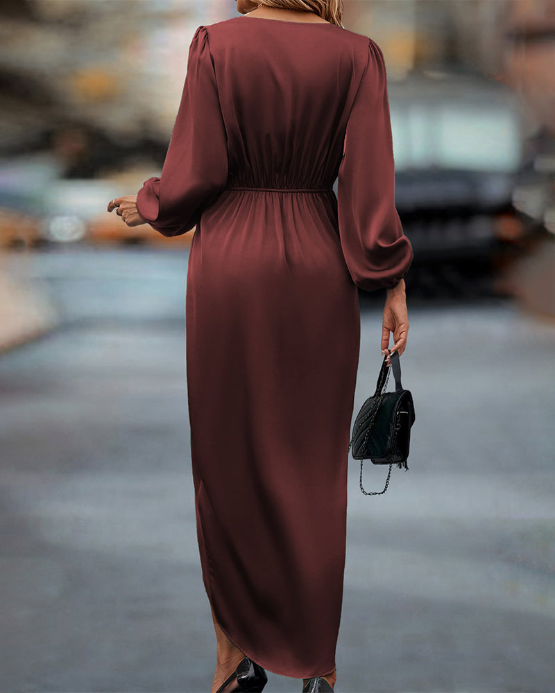 Leona - Vestido Elegante con Cuello en V y Mangas de Farol