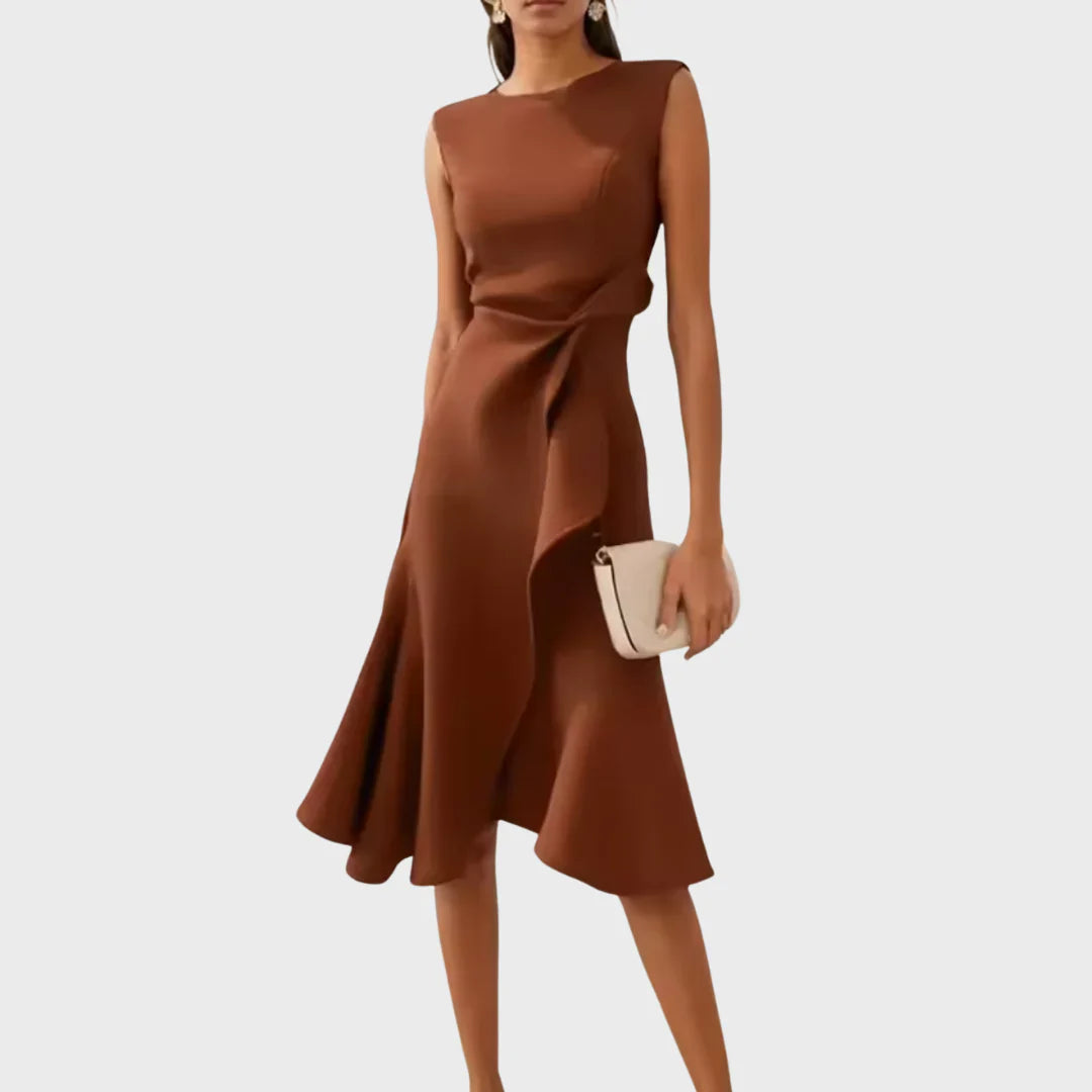 Sheila- Elegante vestido midi para damas con detalles de volantes