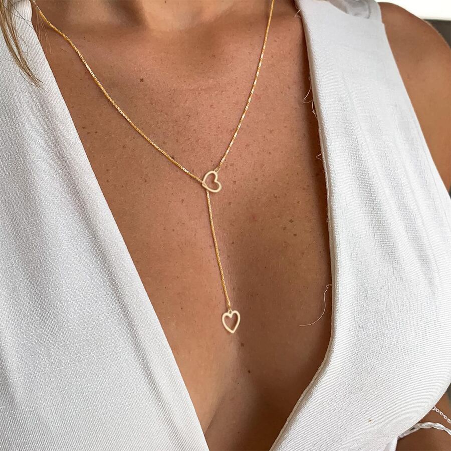 Collar de gotas de corazón - Collar dorado con 2 corazones