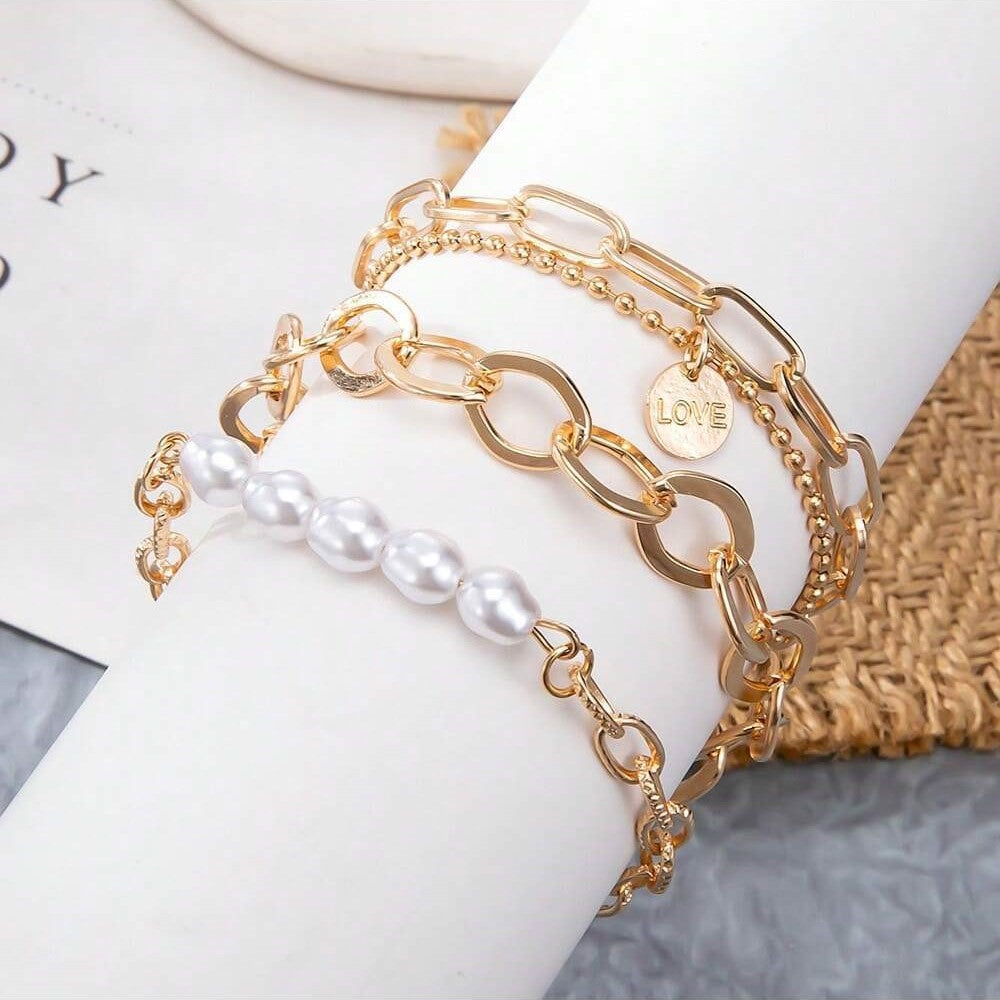Conjunto de pulsera de perlas doradas de 3 piezas - excelente juego de cadenas