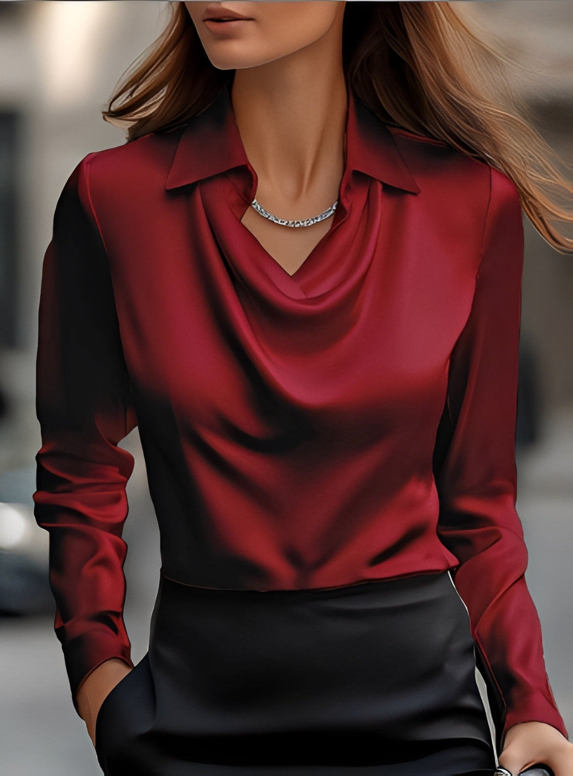 Terry - Blusa Formal de Manga Larga con Pliegues