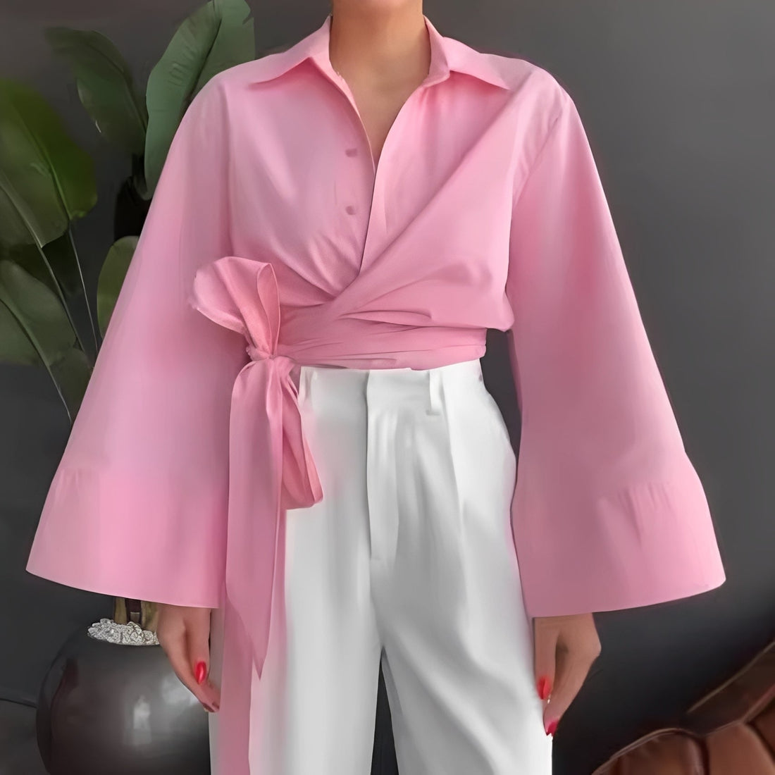 Shania - Elegante blusa de corte holgado con cinturón para damas