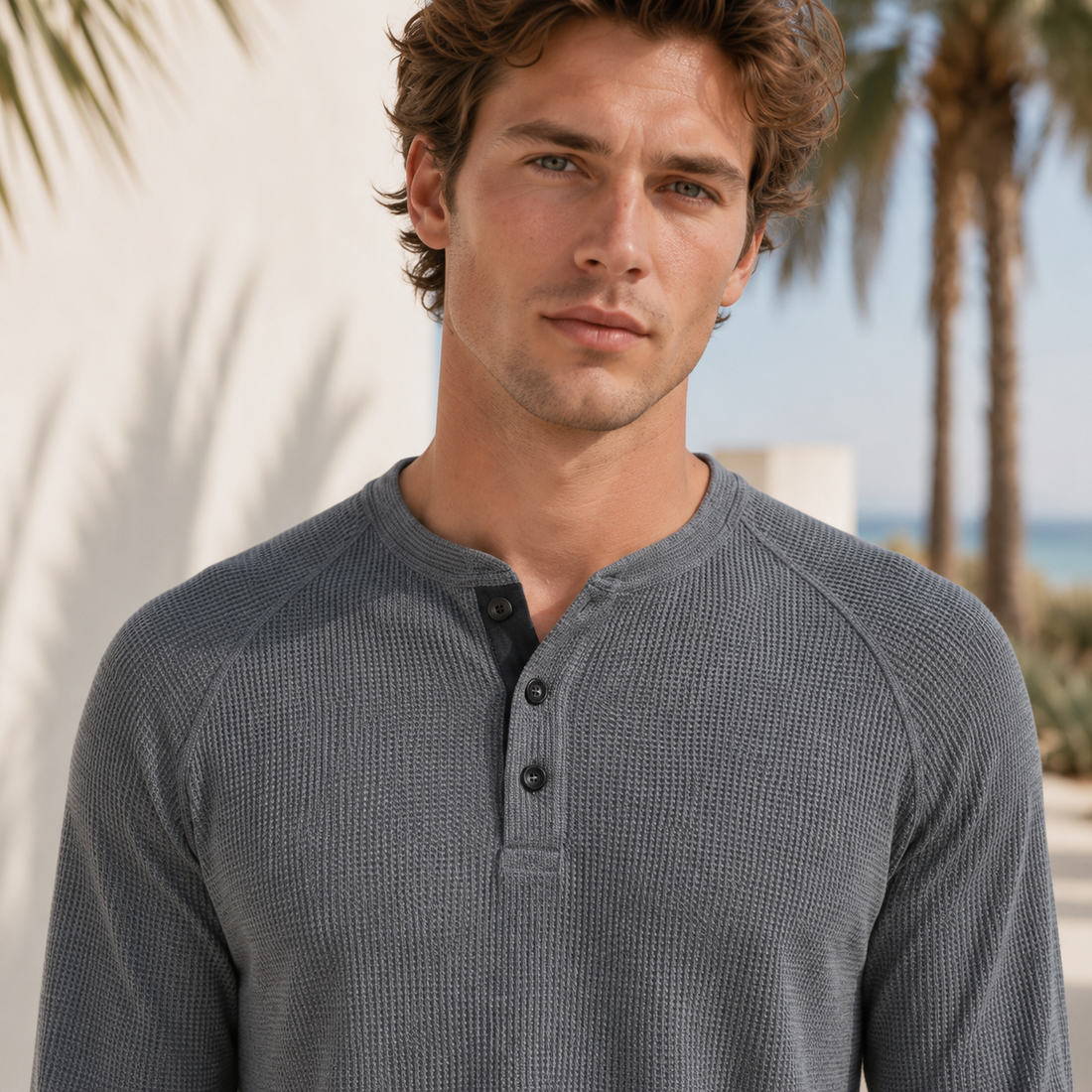 Teifion - Camisa Henley Clásica con textura de Waffle