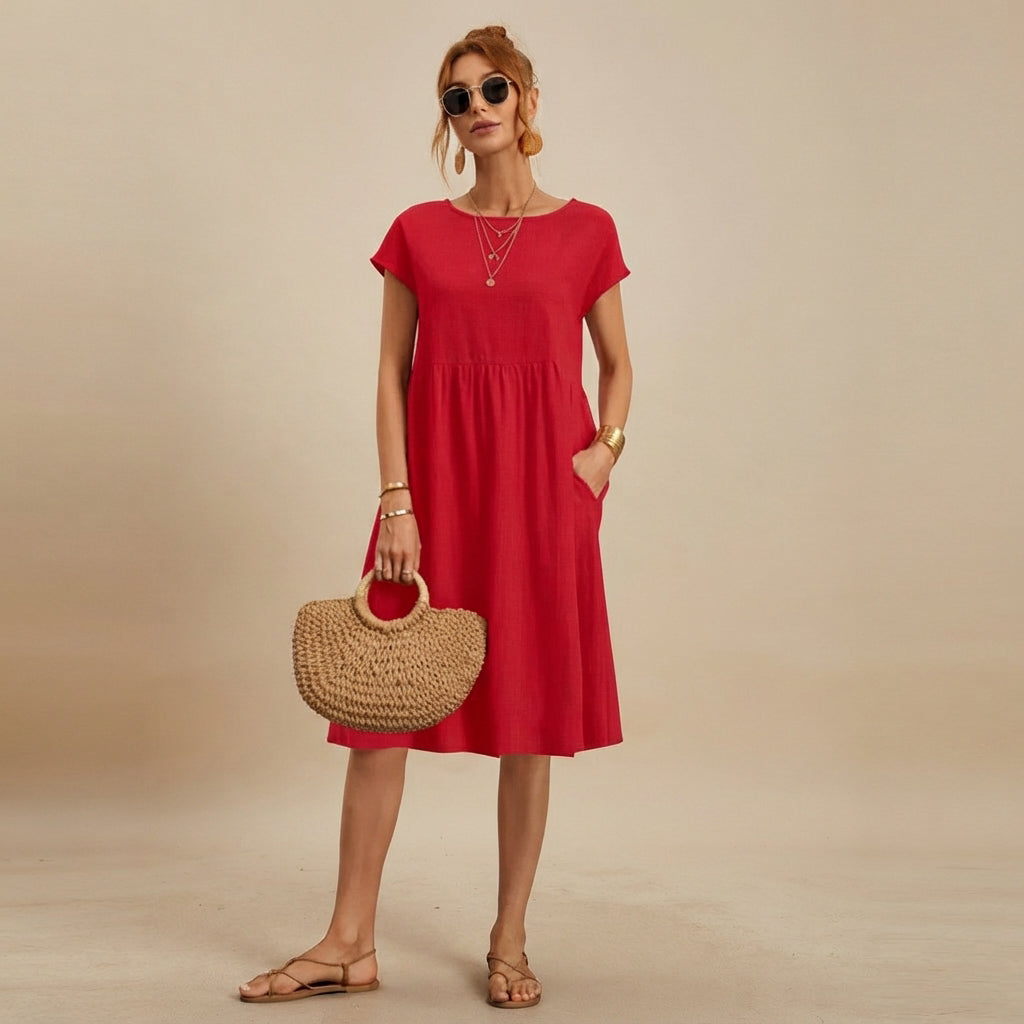 Shamzi - Vestido Midi Sofisticado con Escote Redondo