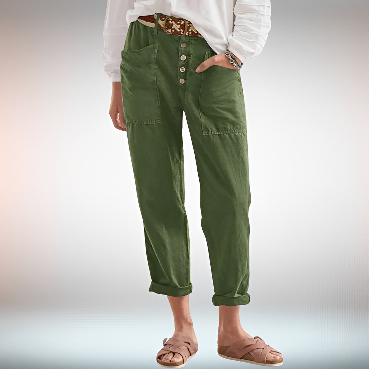 Rhonwen - Pantalones Modernos con Botones y Corte Amplio