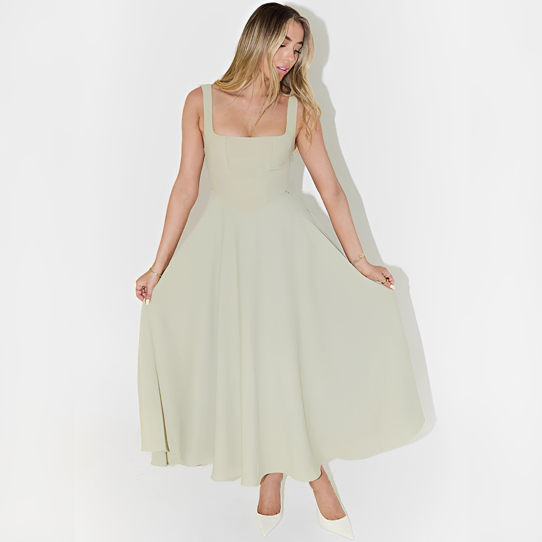 Fioren - Vestido Midi Elegante con Cuello Cuadrado