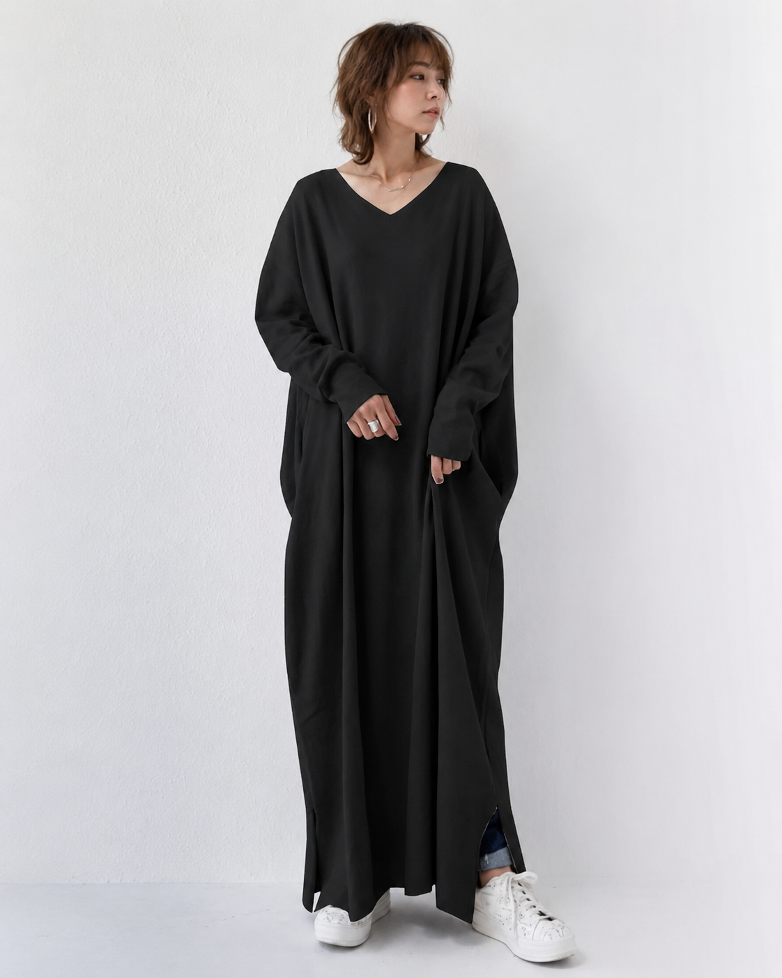 Shacora - Vestido Largo con Cuello en V y Corte Relajado