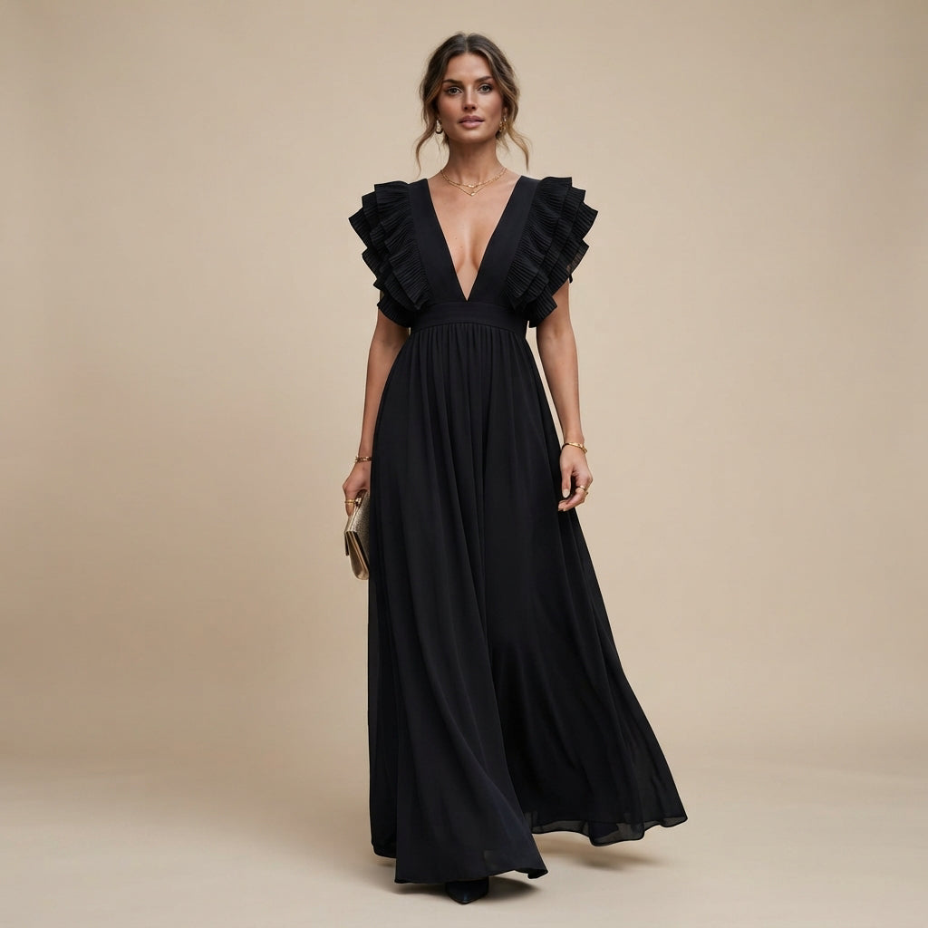 Zhallie - Vestido Largo Elegante con Mangas con Volantes