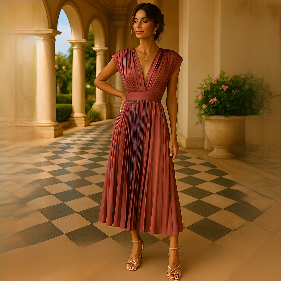 Elvira - Sofisticado Vestido Midi con Pliegues y Escote en V