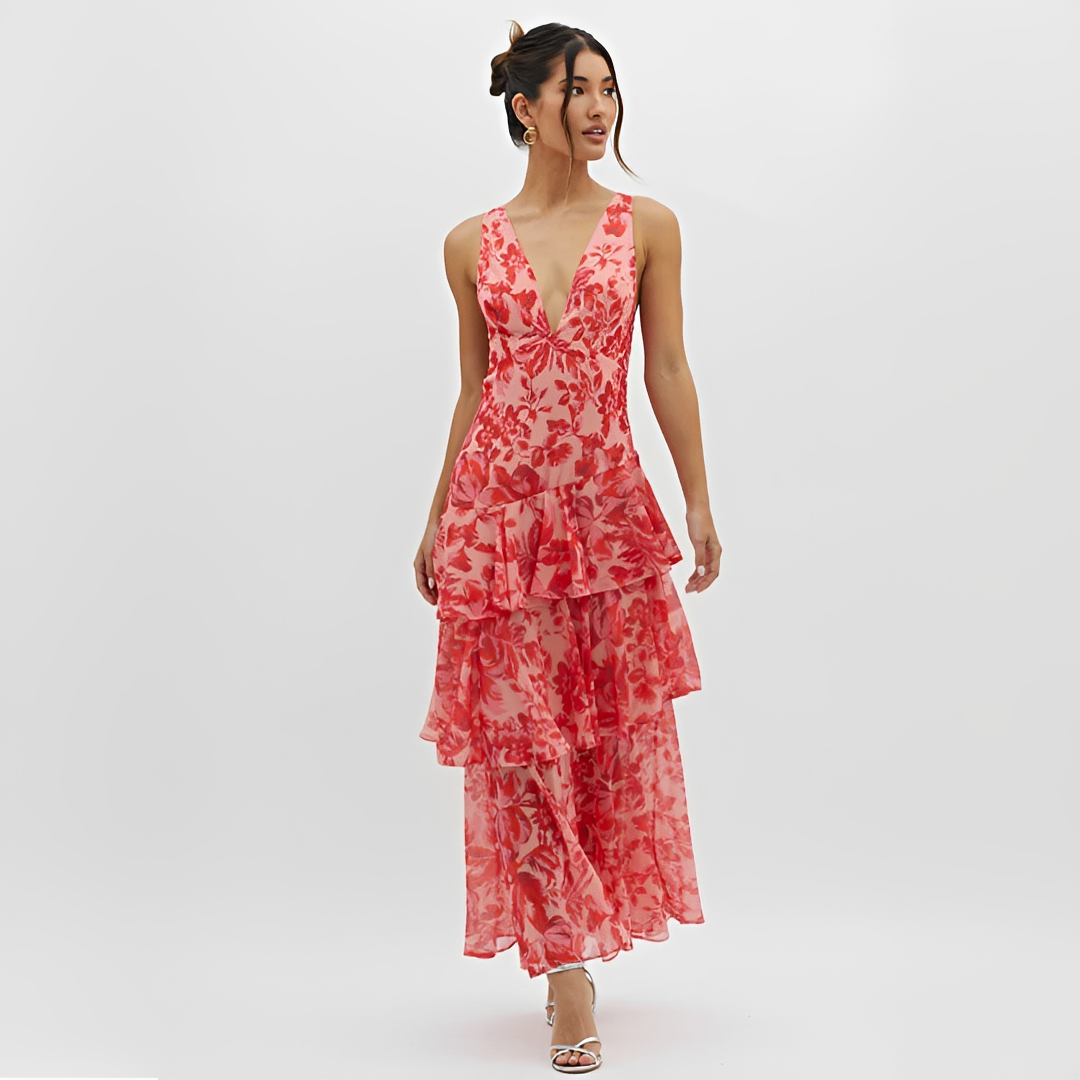 Faye - Vestido Elegante y Fluido con Cuello en V y Espalda Descubierta