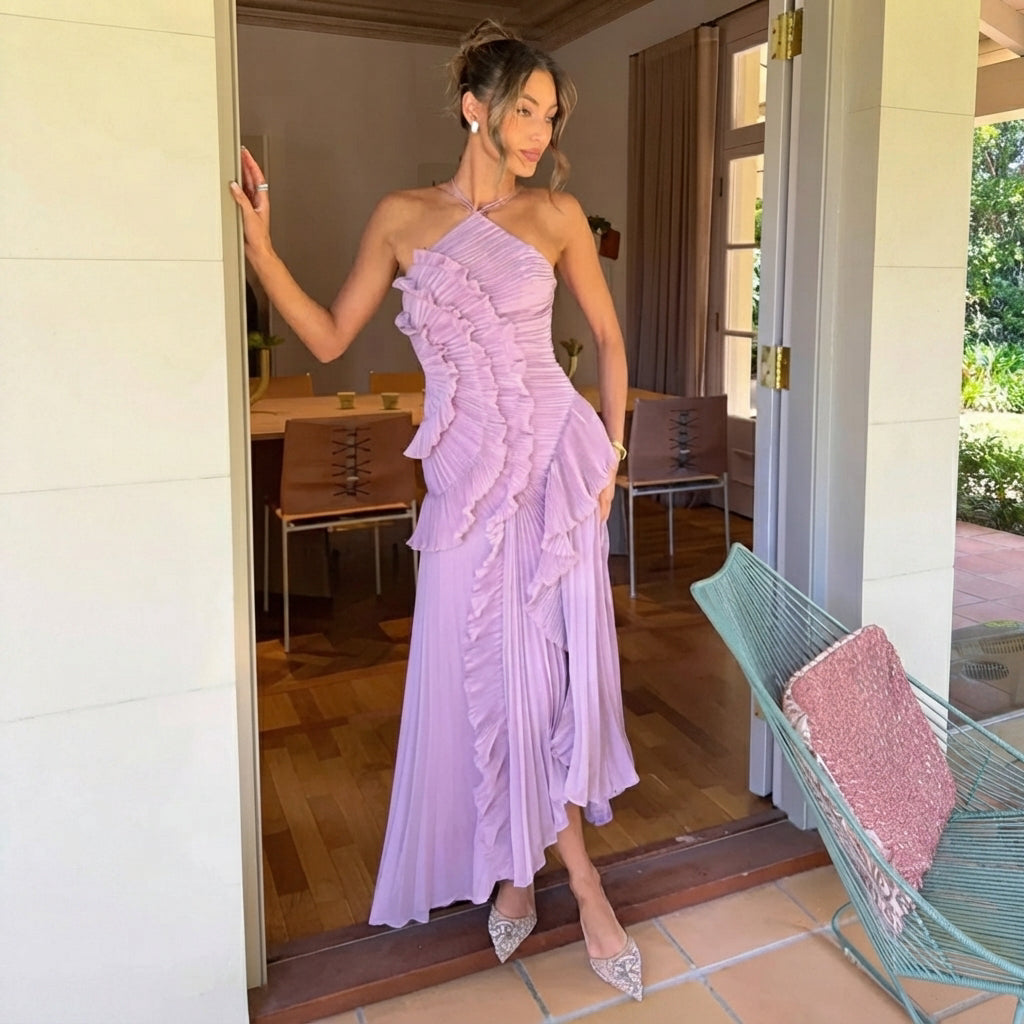 Khatereh - Vestido Midi Sofisticado con Volantes y Cuello Halter