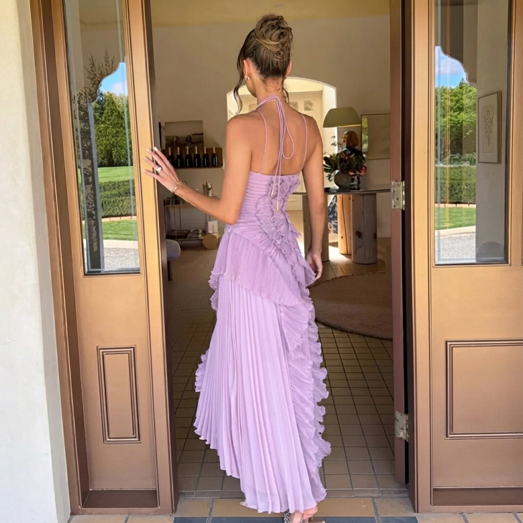 Khatereh - Vestido Midi Sofisticado con Volantes y Cuello Halter