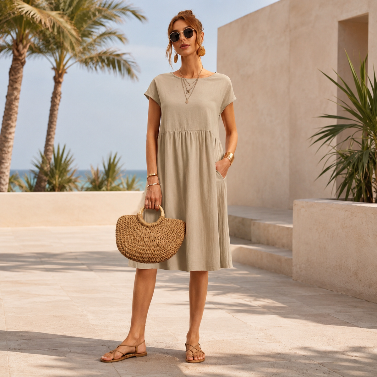 Shamzi - Vestido Midi Sofisticado con Escote Redondo