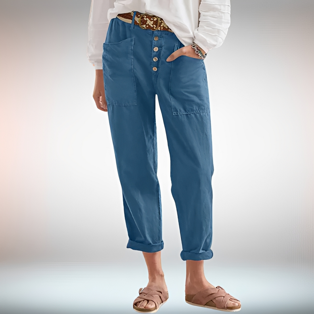 Rhonwen - Pantalones Modernos con Botones y Corte Amplio