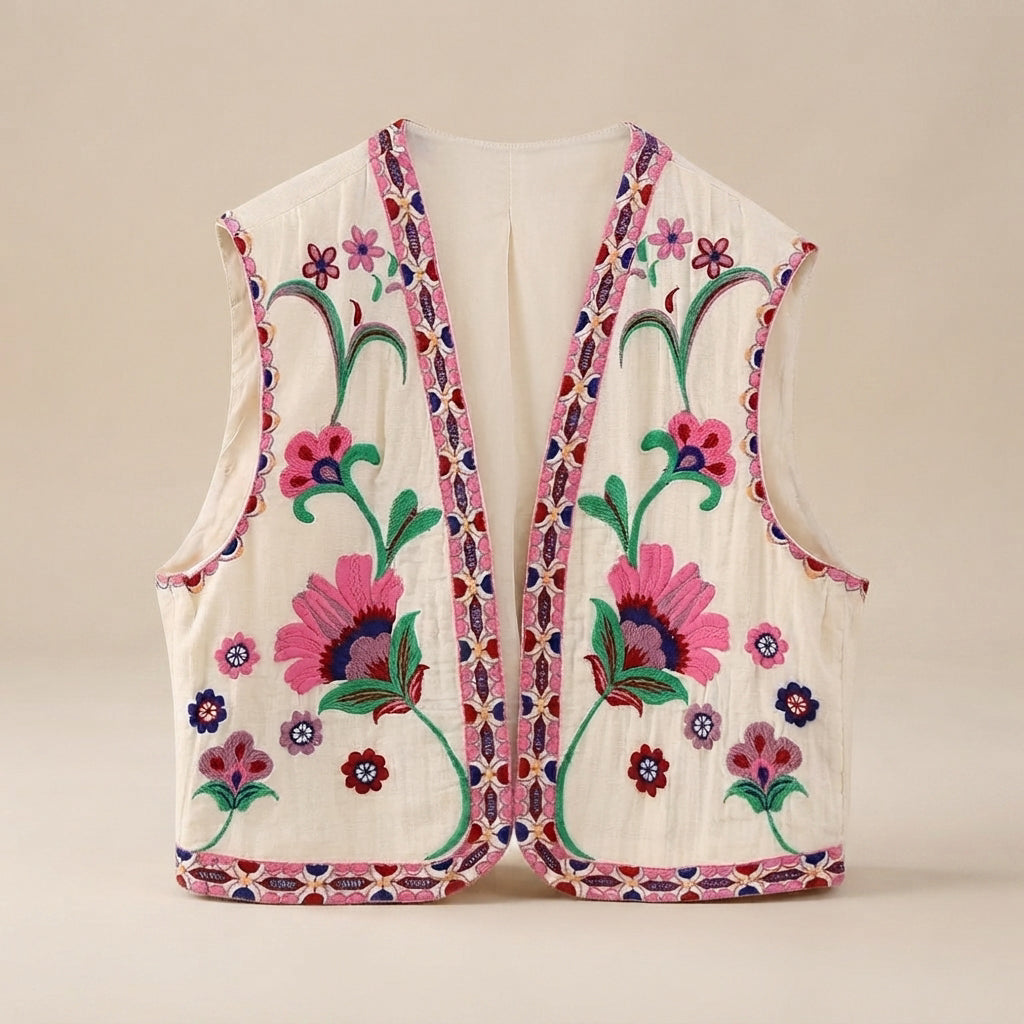 Mahya - Chaleco Vintage con Flores Bordadas