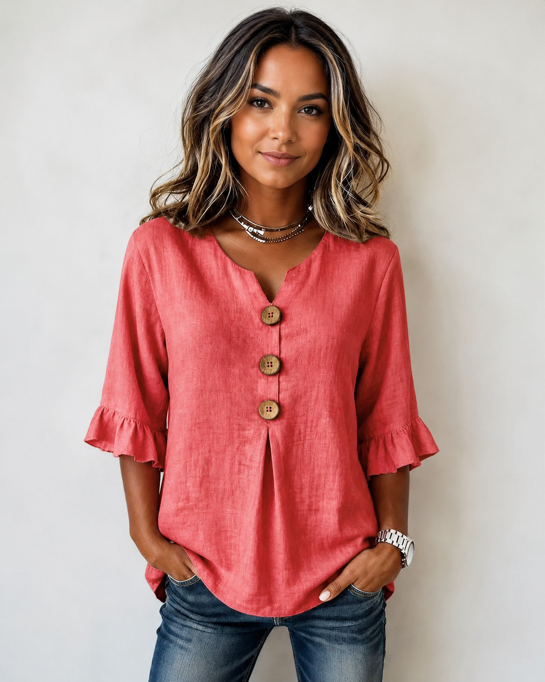 Glenda - Camisa con Botones y Escote en V Sofisticada