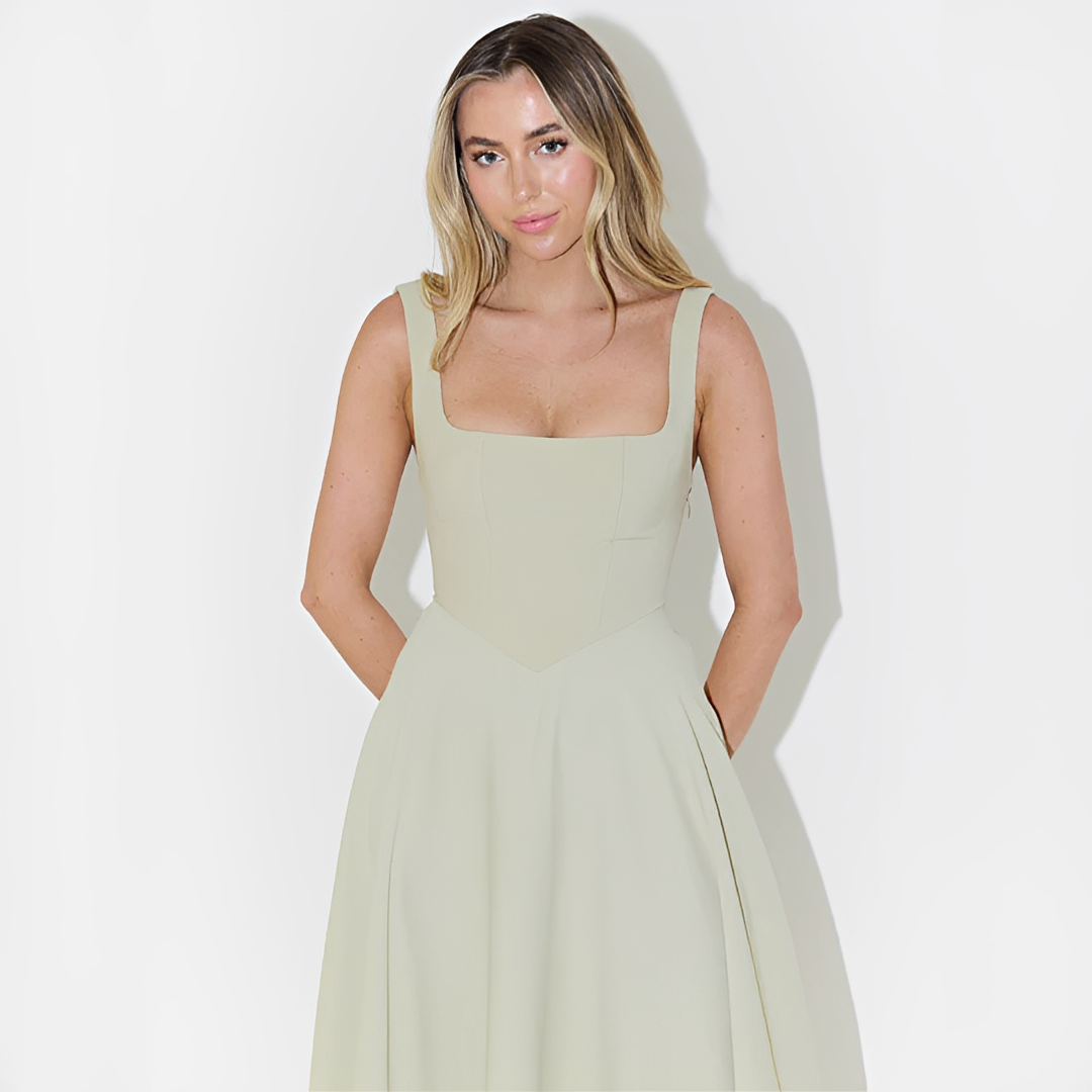Fioren - Vestido Midi Elegante con Cuello Cuadrado