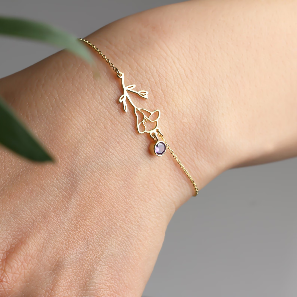 Pulsera Floral de Cumpleaños - Pulsera con Piedra del Mes y Flor