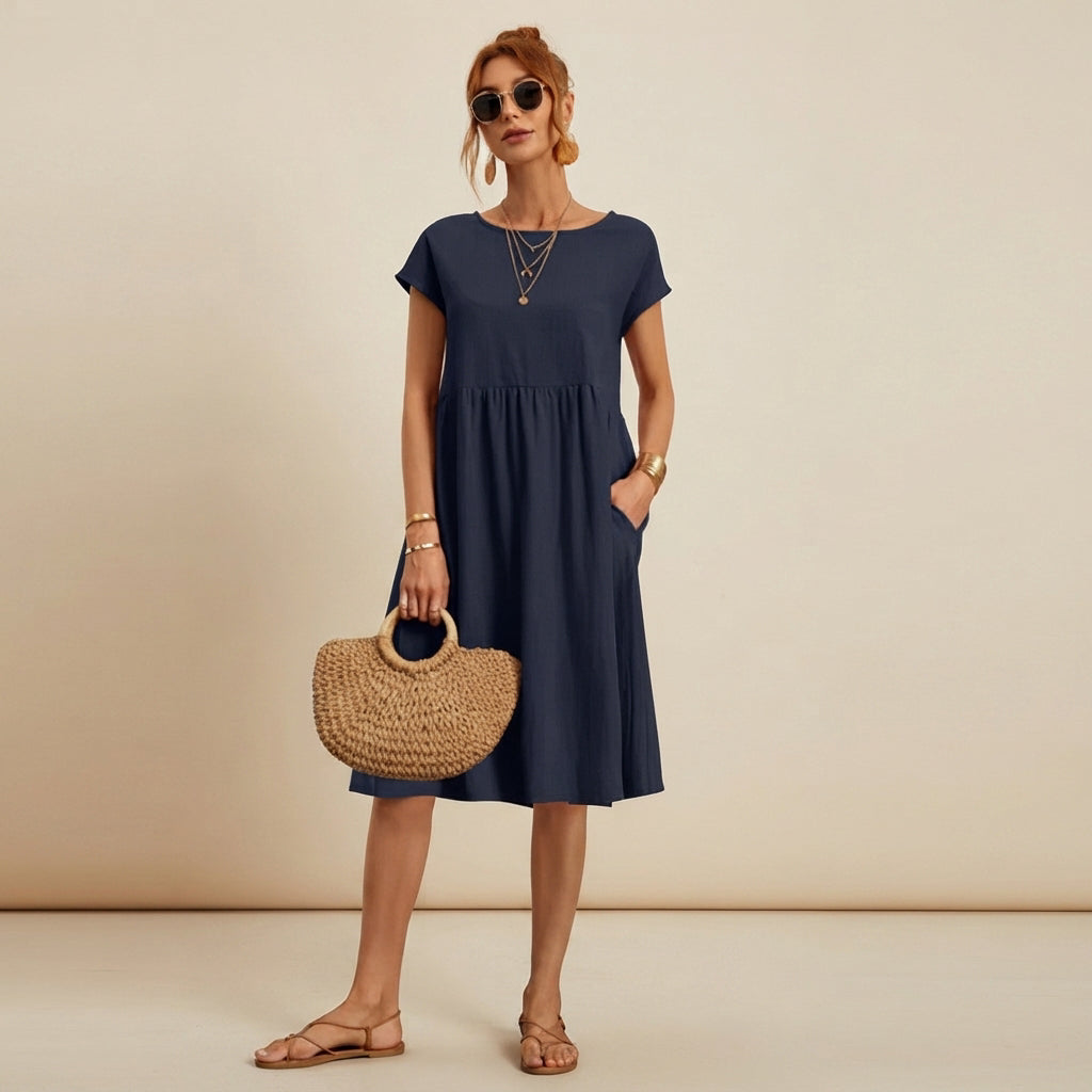 Shamzi - Vestido Midi Sofisticado con Escote Redondo