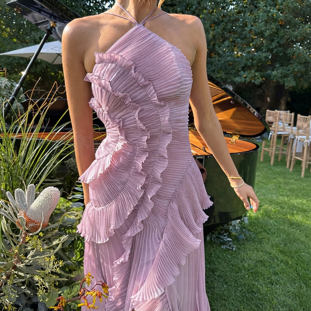 Khatereh - Vestido Midi Sofisticado con Volantes y Cuello Halter