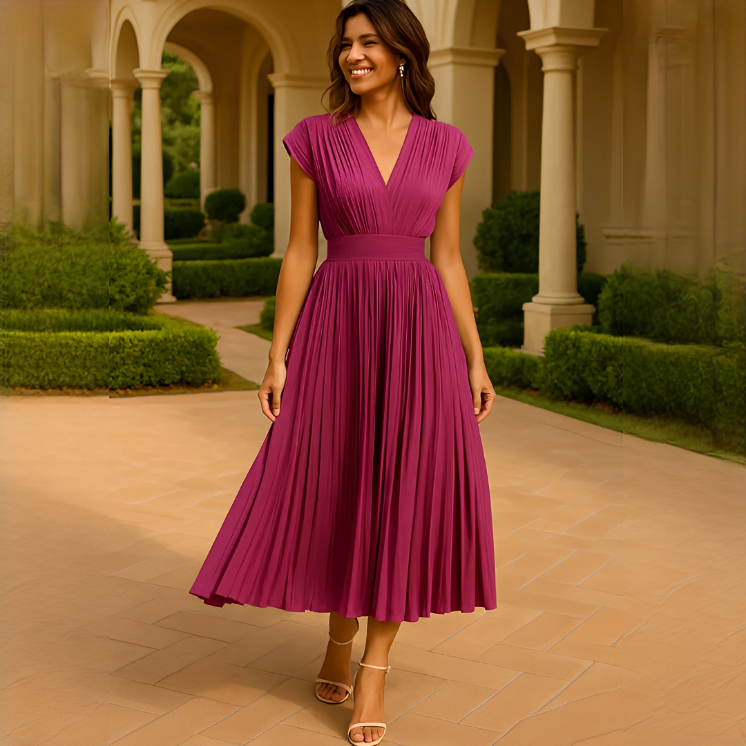 Elvira - Sofisticado Vestido Midi con Pliegues y Escote en V