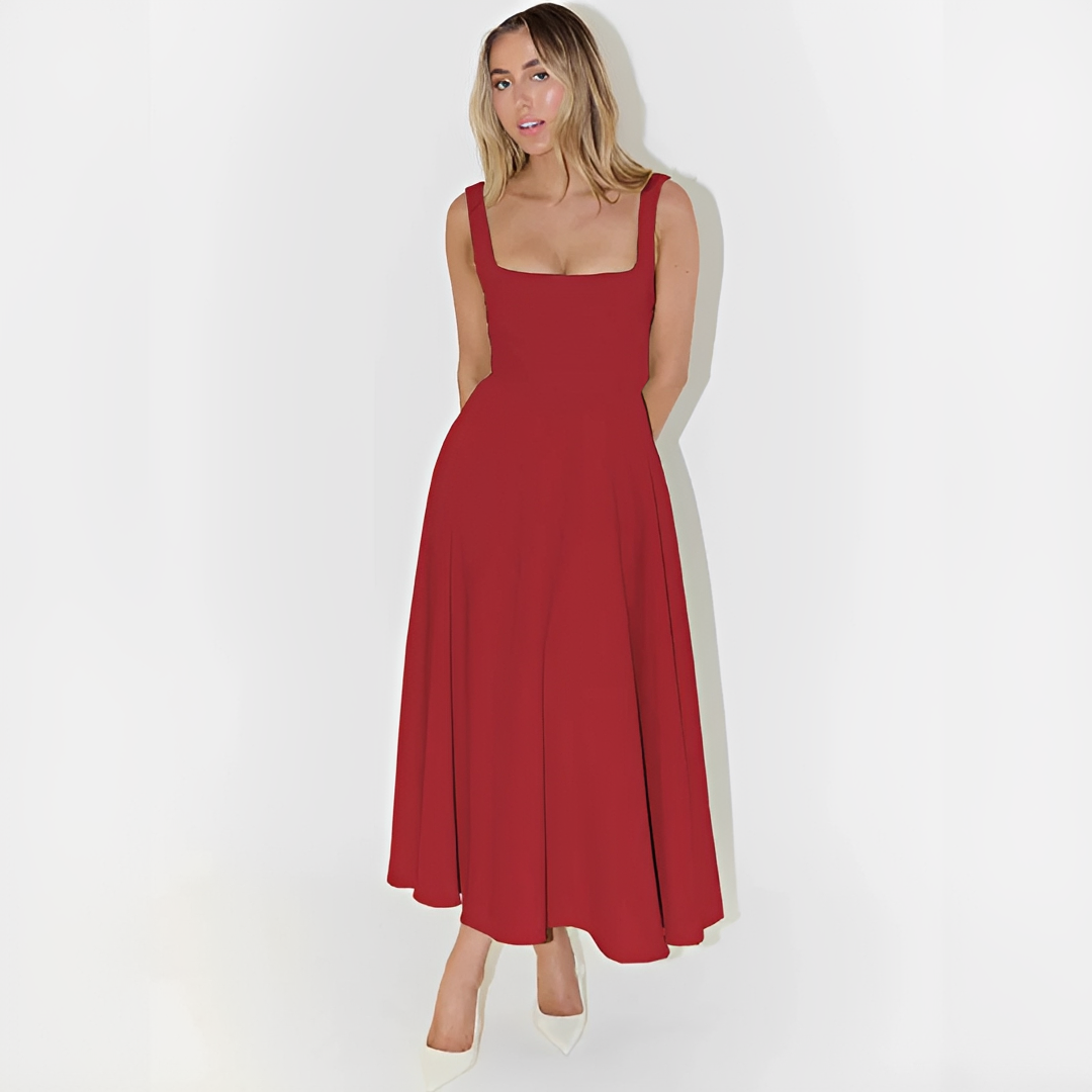 Fioren - Vestido Midi Elegante con Cuello Cuadrado
