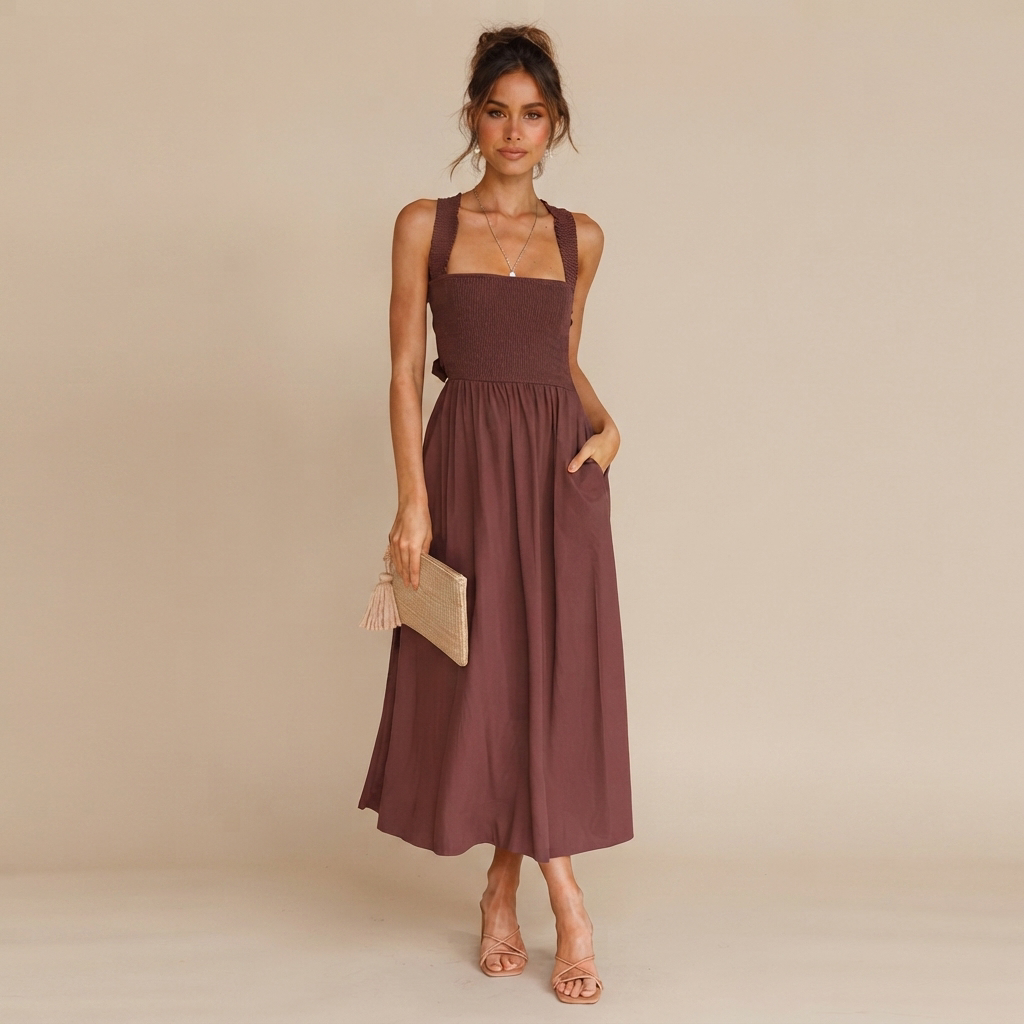 Lena - Vestido Midi Sofisticado con Cuello Cuadrado
