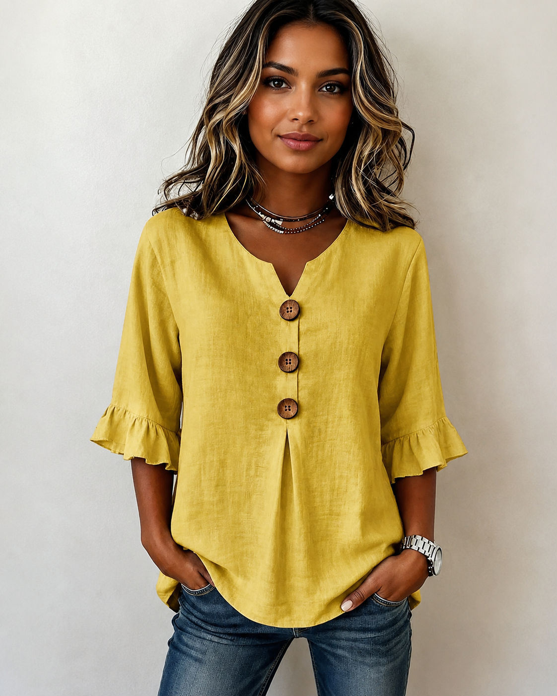 Glenda - Camisa con Botones y Escote en V Sofisticada