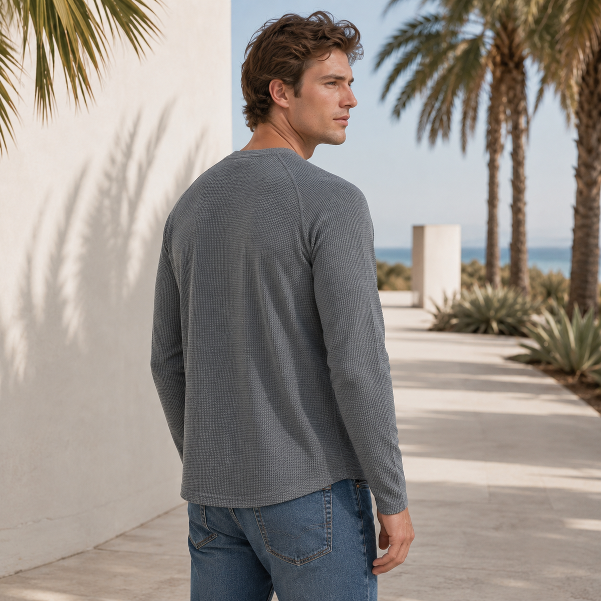 Teifion - Camisa Henley Clásica con textura de Waffle
