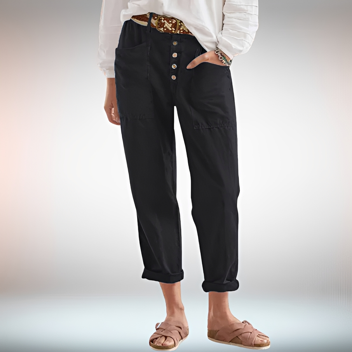 Rhonwen - Pantalones Modernos con Botones y Corte Amplio
