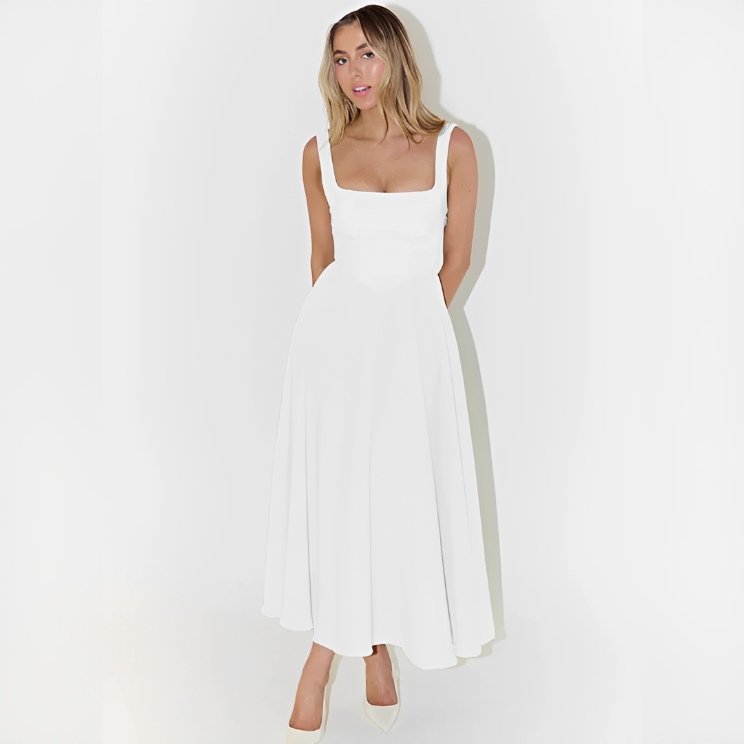 Fioren - Vestido Midi Elegante con Cuello Cuadrado