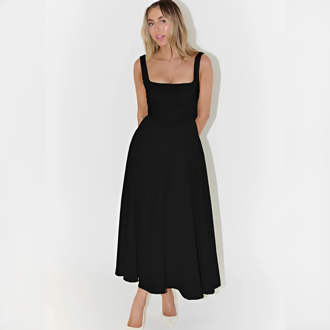 Fioren - Vestido Midi Elegante con Cuello Cuadrado