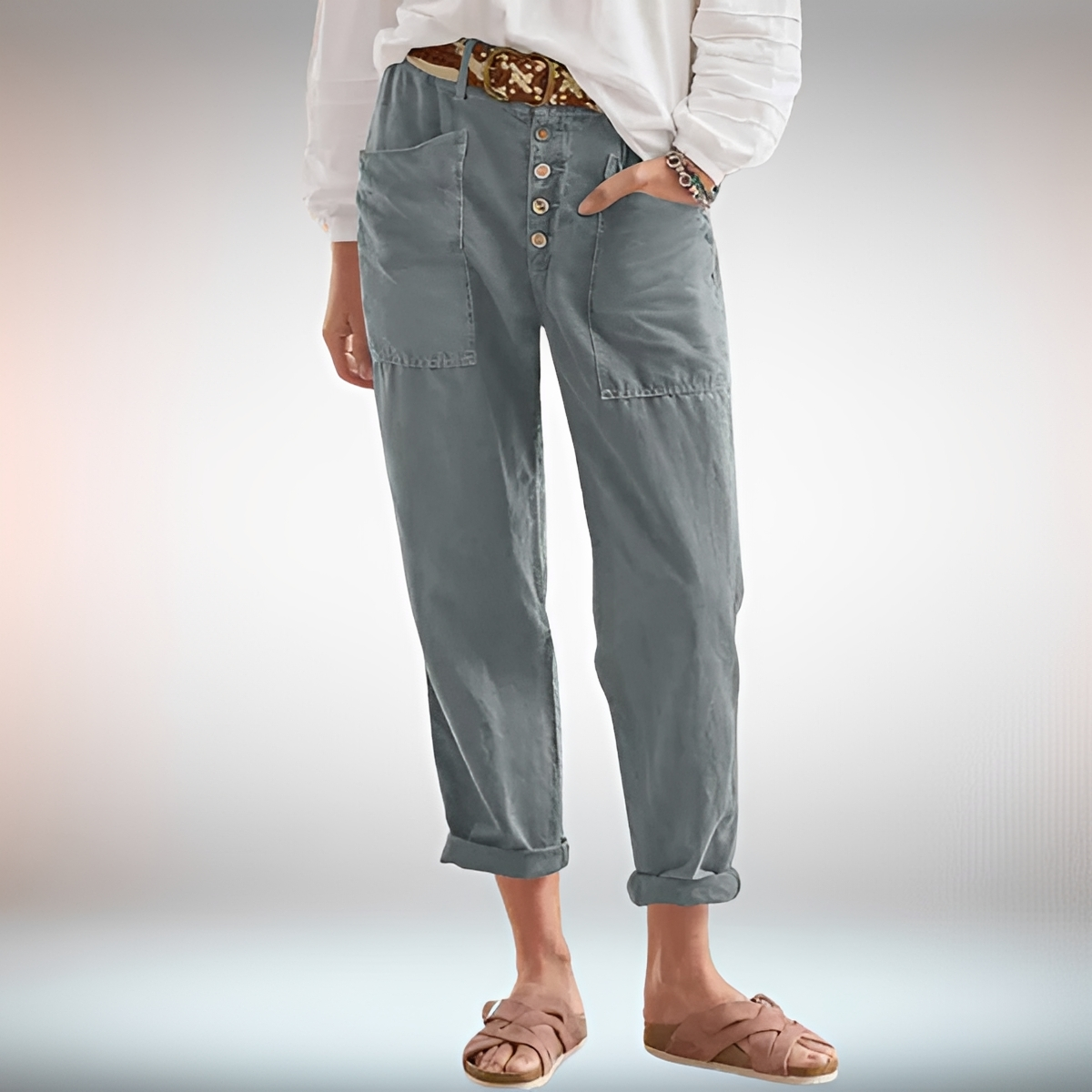 Rhonwen - Pantalones Modernos con Botones y Corte Amplio