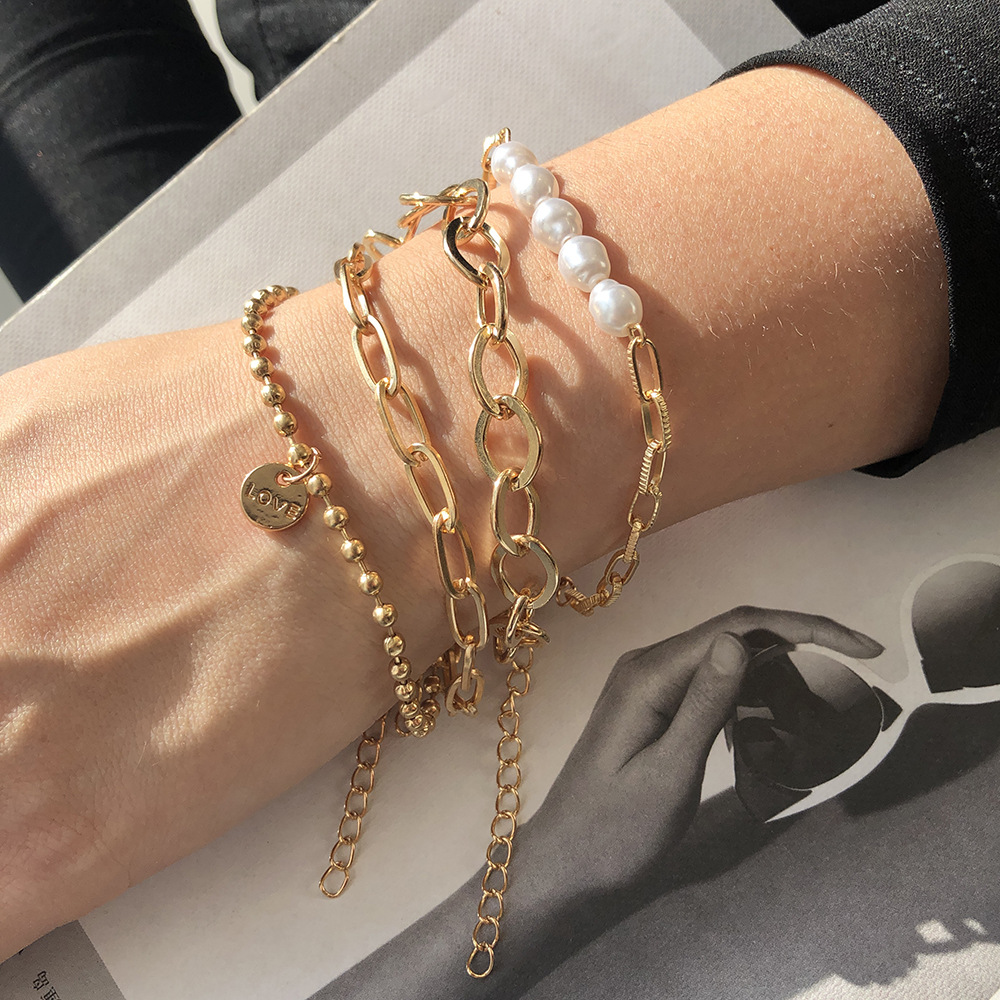 Conjunto de pulsera de perlas doradas de 3 piezas - excelente juego de cadenas