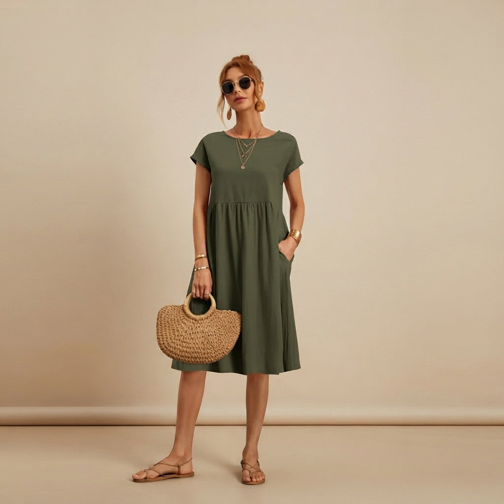 Shamzi - Vestido Midi Sofisticado con Escote Redondo