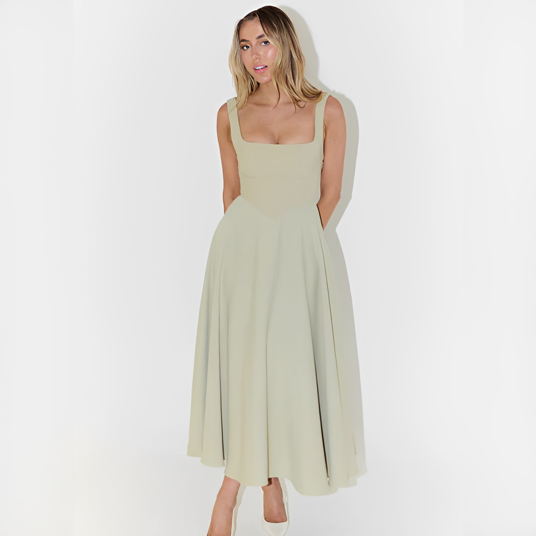 Fioren - Vestido Midi Elegante con Cuello Cuadrado