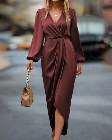 Leona - Vestido Elegante con Cuello en V y Mangas de Farol