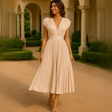 Elvira - Sofisticado Vestido Midi con Pliegues y Escote en V