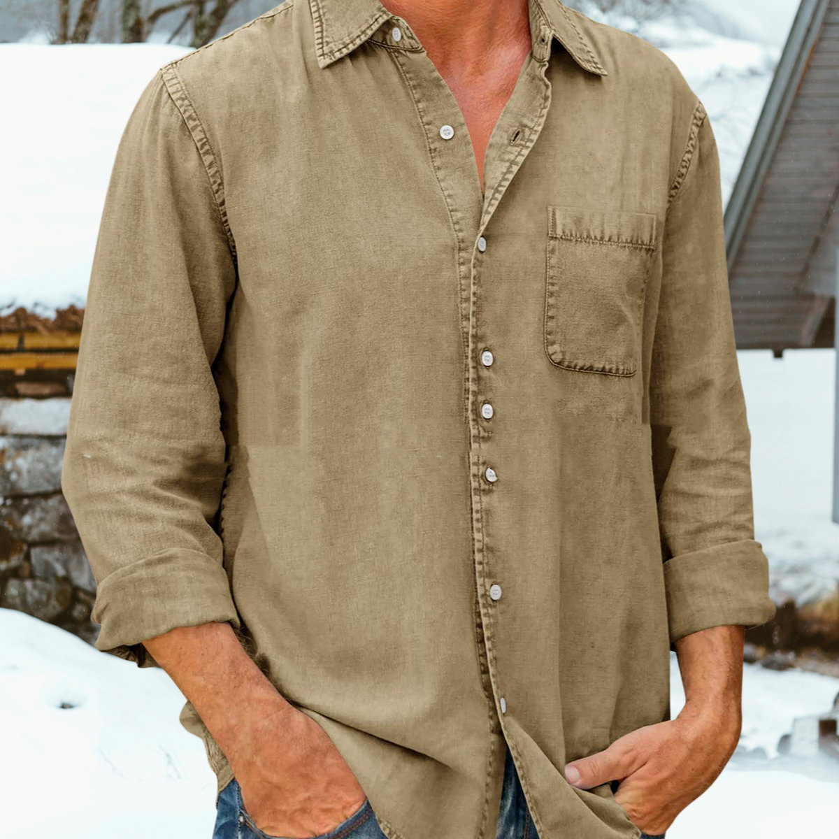 Bronislaw - Camisa casual lisa de manga larga para hombres