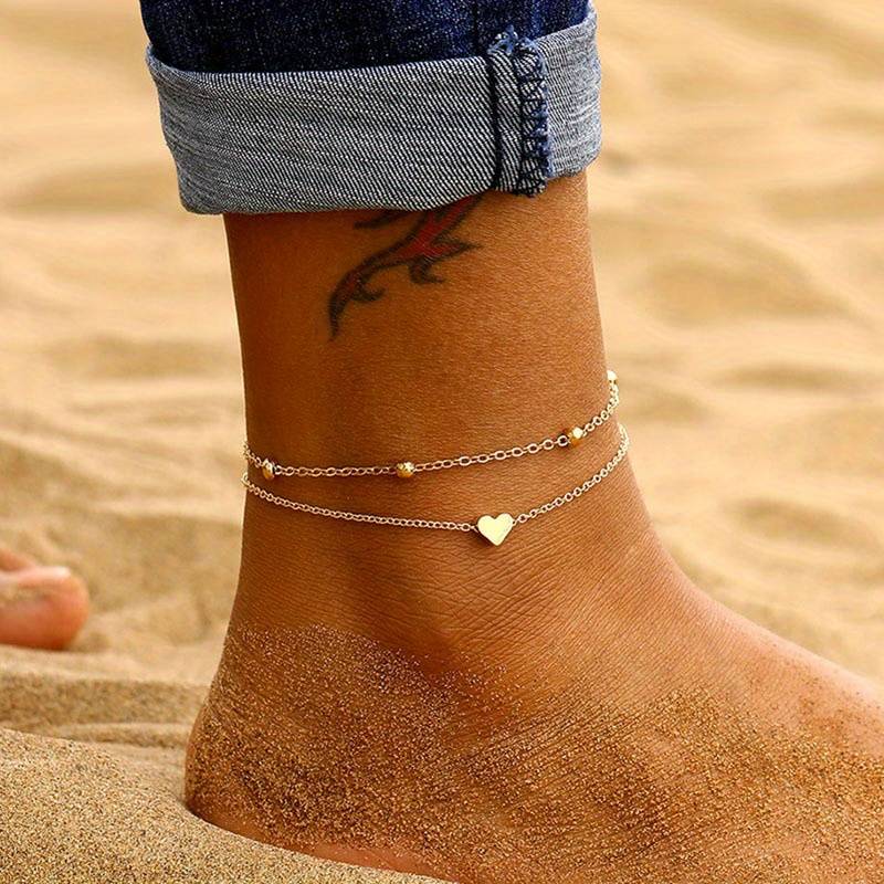 Pulsera de tobillo en miniatura con forma de corazón - Pulsera de amor de doble capa