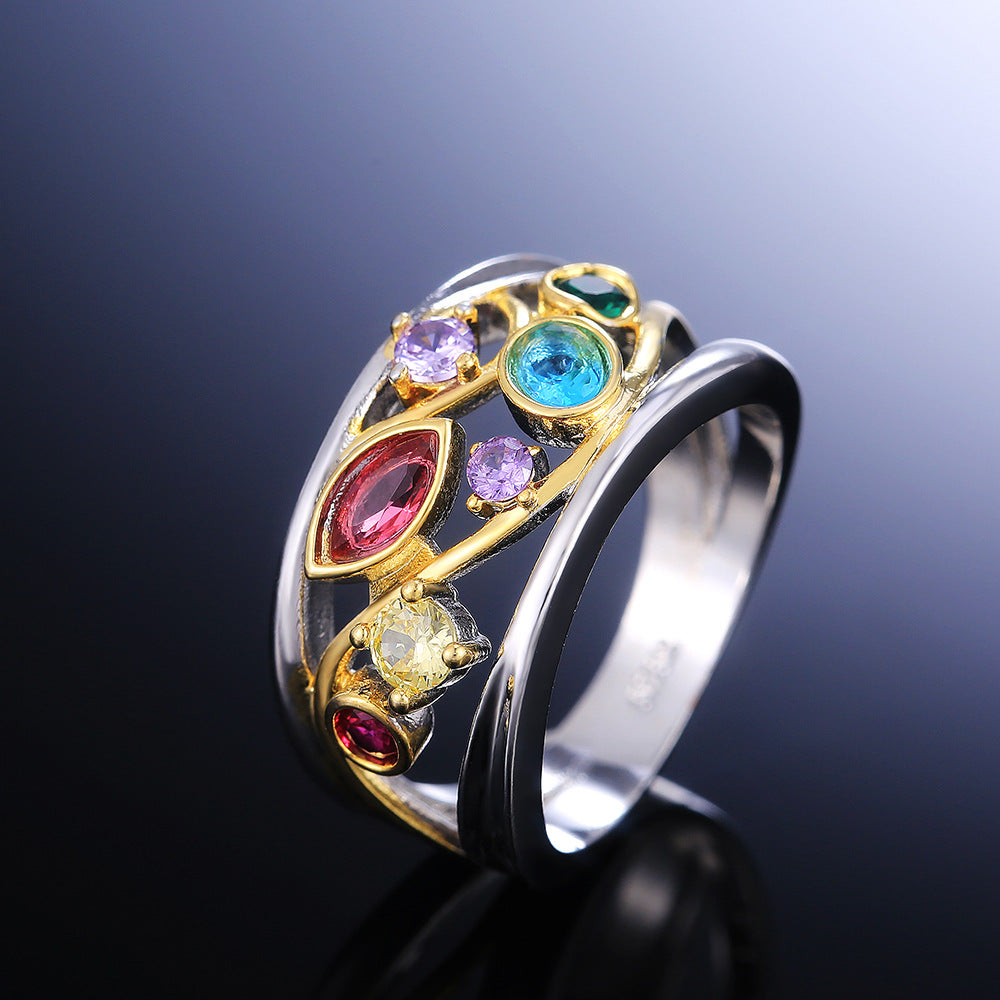 Zelina – Anillo vintage bicolor con circonitas brillantes multicolores