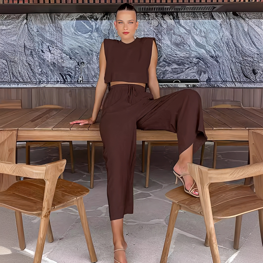 Meavel - Conjunto de pantalones de pierna ancha y top a la moda