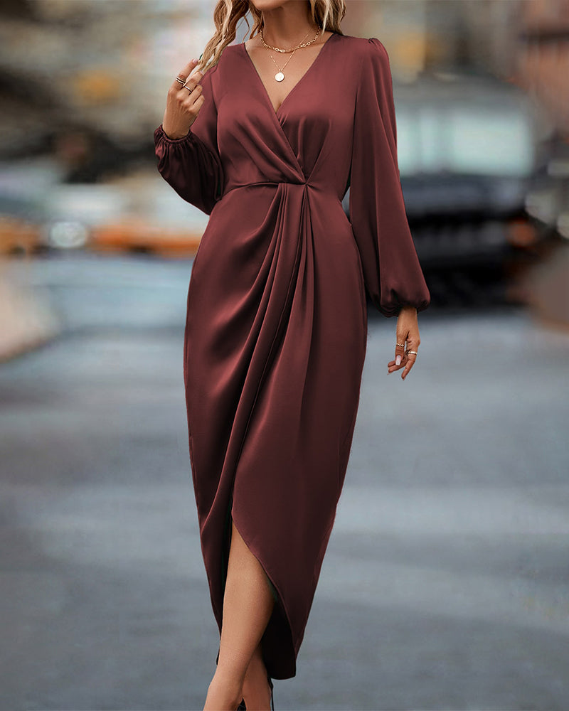 Leona - Vestido Elegante con Cuello en V y Mangas de Farol