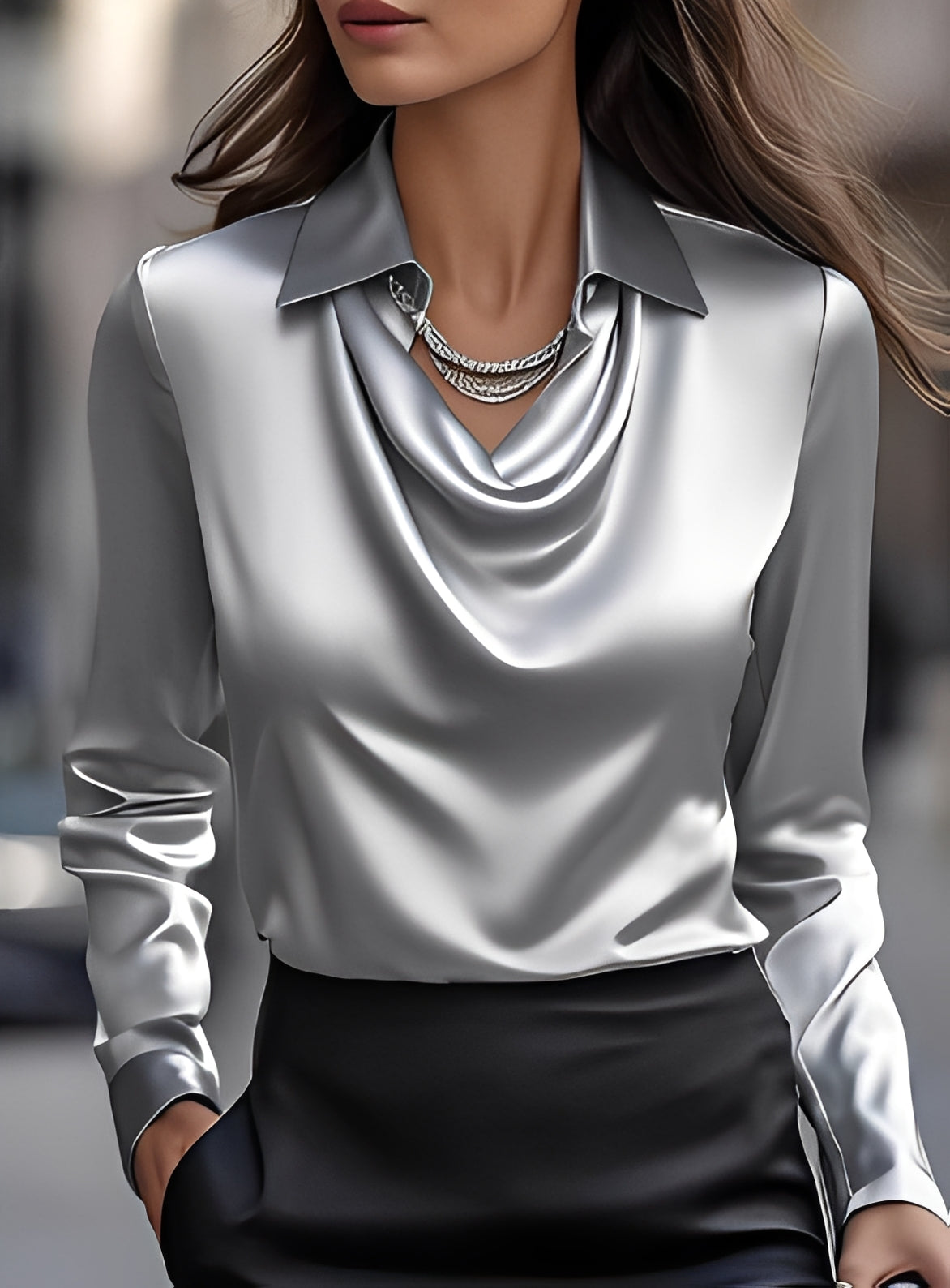 Terry - Blusa Formal de Manga Larga con Pliegues