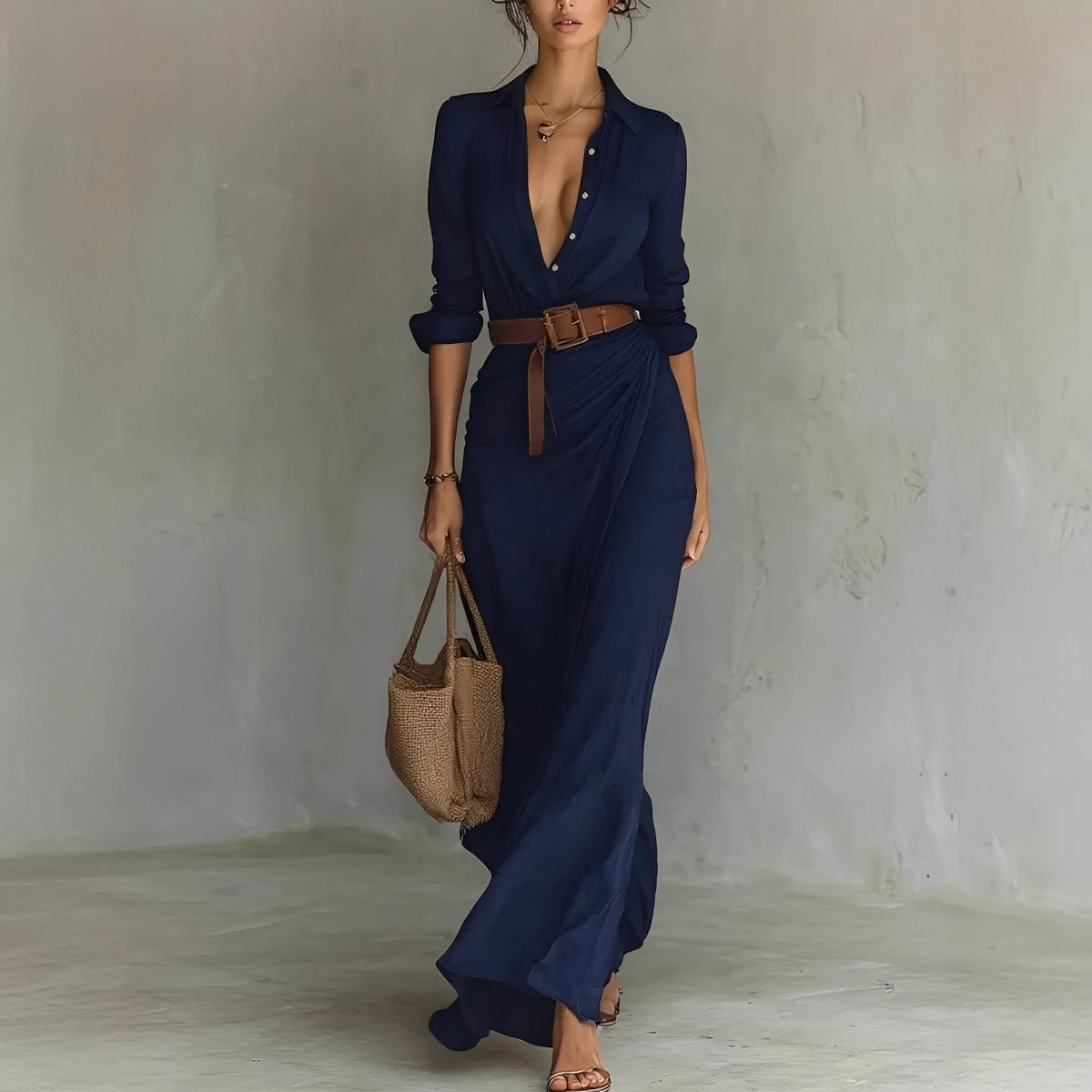 Hanny - Vestido Maxi Cómodo con Cinturón en la Cintura
