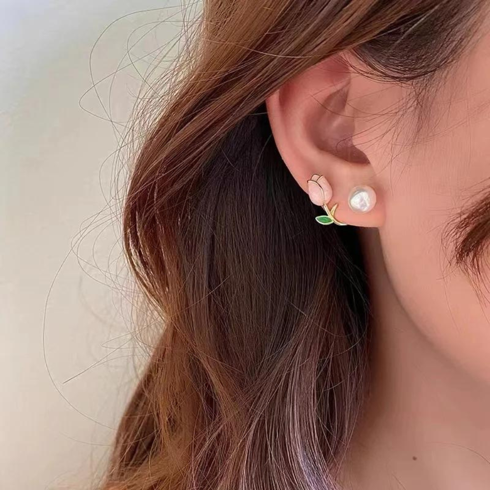 Pendientes de perlas en forma de tulipanes - Pendientes de perlas de flores moradas