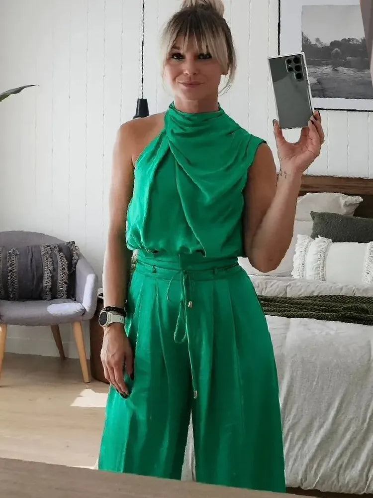 Donna - Conjunto de tops de moda y pantalones de pernera ancha
