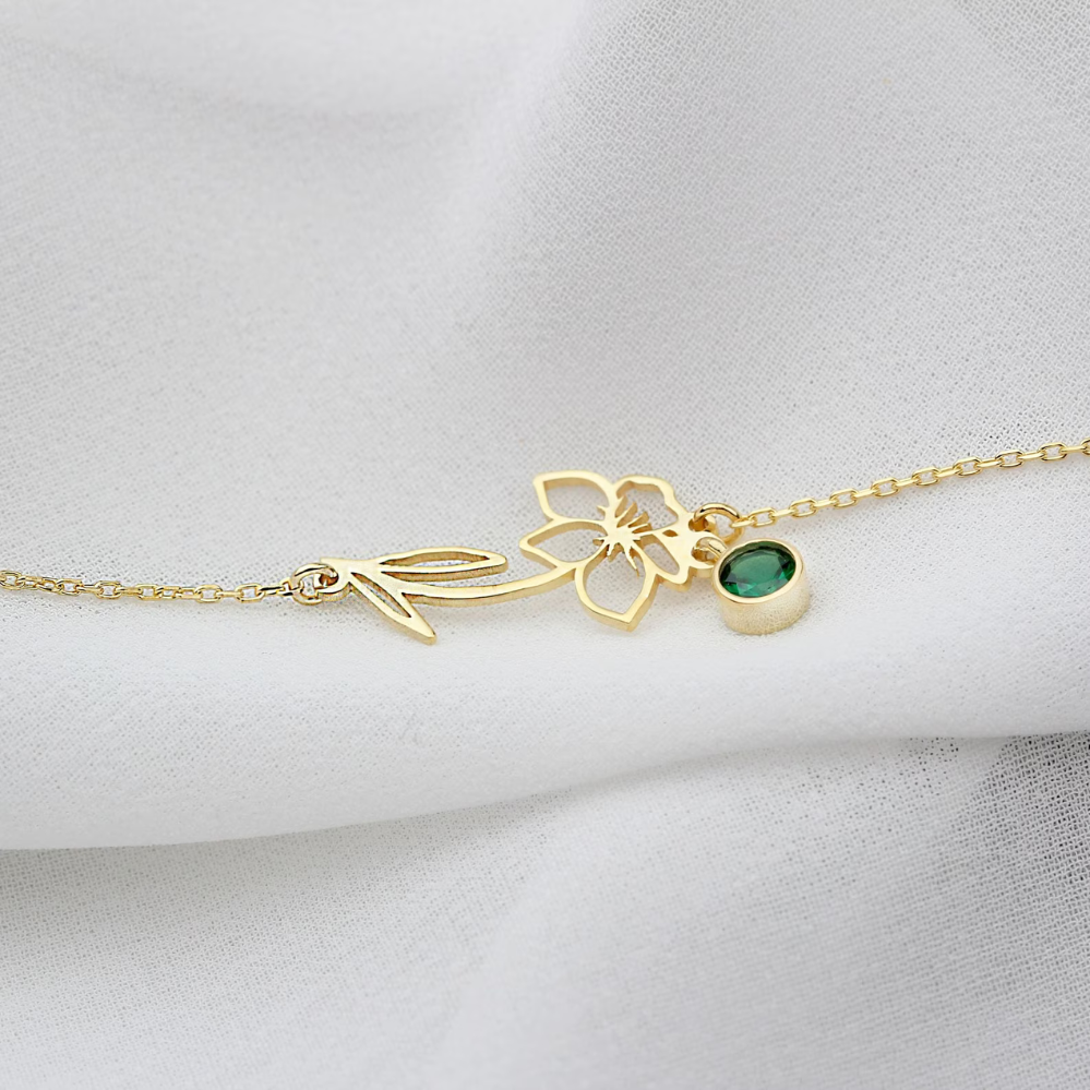 Pulsera Floral de Cumpleaños - Pulsera con Piedra del Mes y Flor