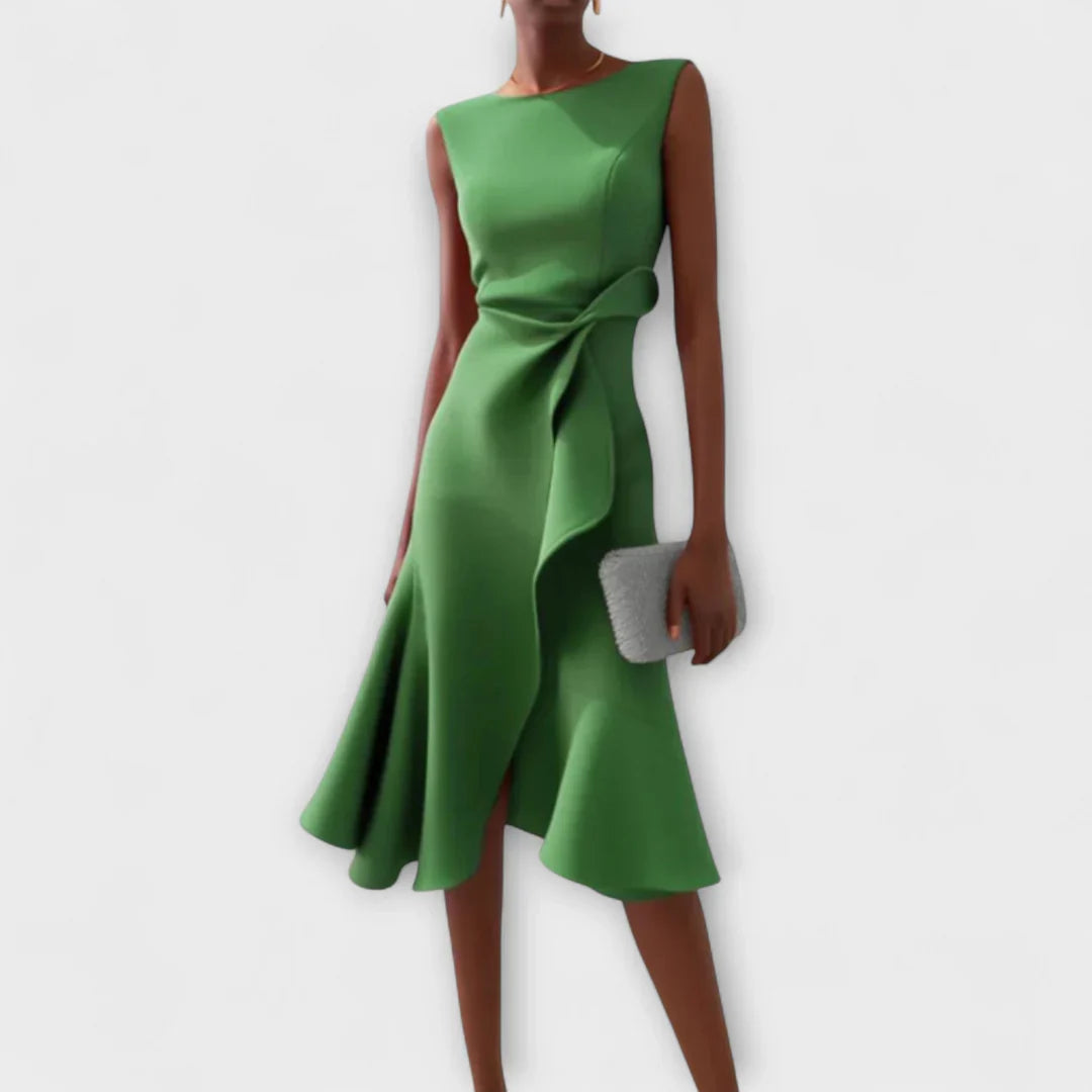 Sheila- Elegante vestido midi para damas con detalles de volantes