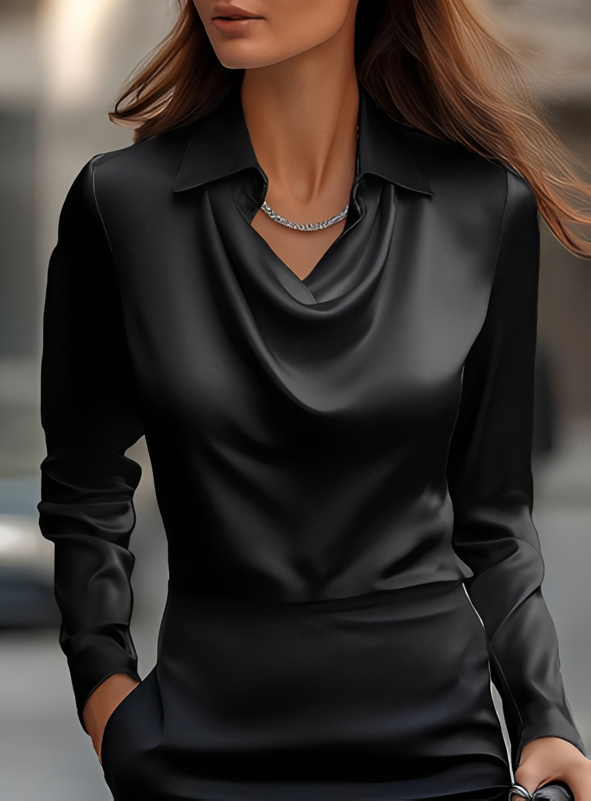 Terry - Blusa Formal de Manga Larga con Pliegues